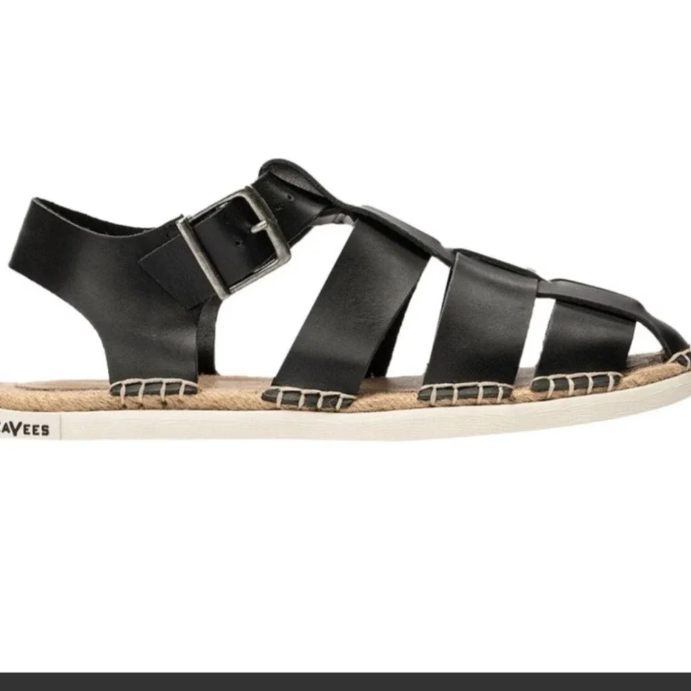 SeaVees Solana Sandal Womens 6 Black Leather Fisherman Espadrille 142400